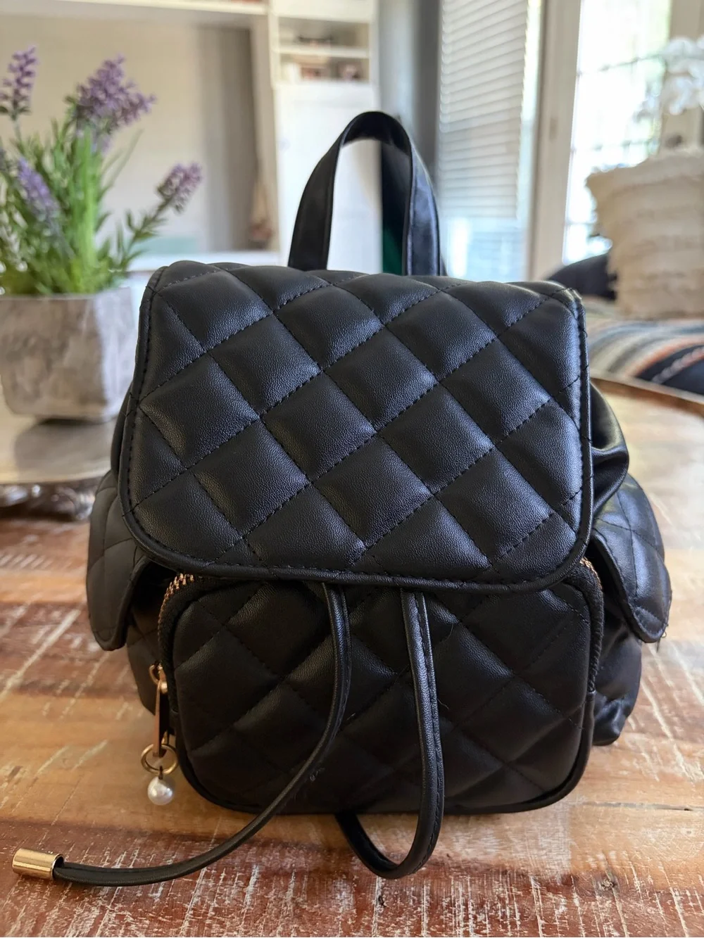Claire's Quilted Black Mini Backpack with Pearl Charm
